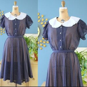 Vintage 70s Navy Sheer Dress M with tie belt bow print scalloped collar
